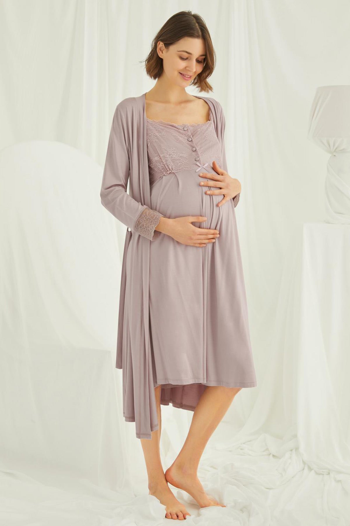 M1847 Lace Maternity Nursing Nightgown with Robe Set Coffee 18438 Coffee M