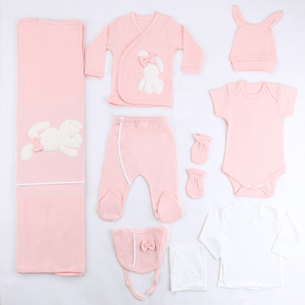 Plush Rabbit Themed Hospital Outfit 10-Piece Set Newborn Baby Girl Salmon (0-6 Months) - S001.2026