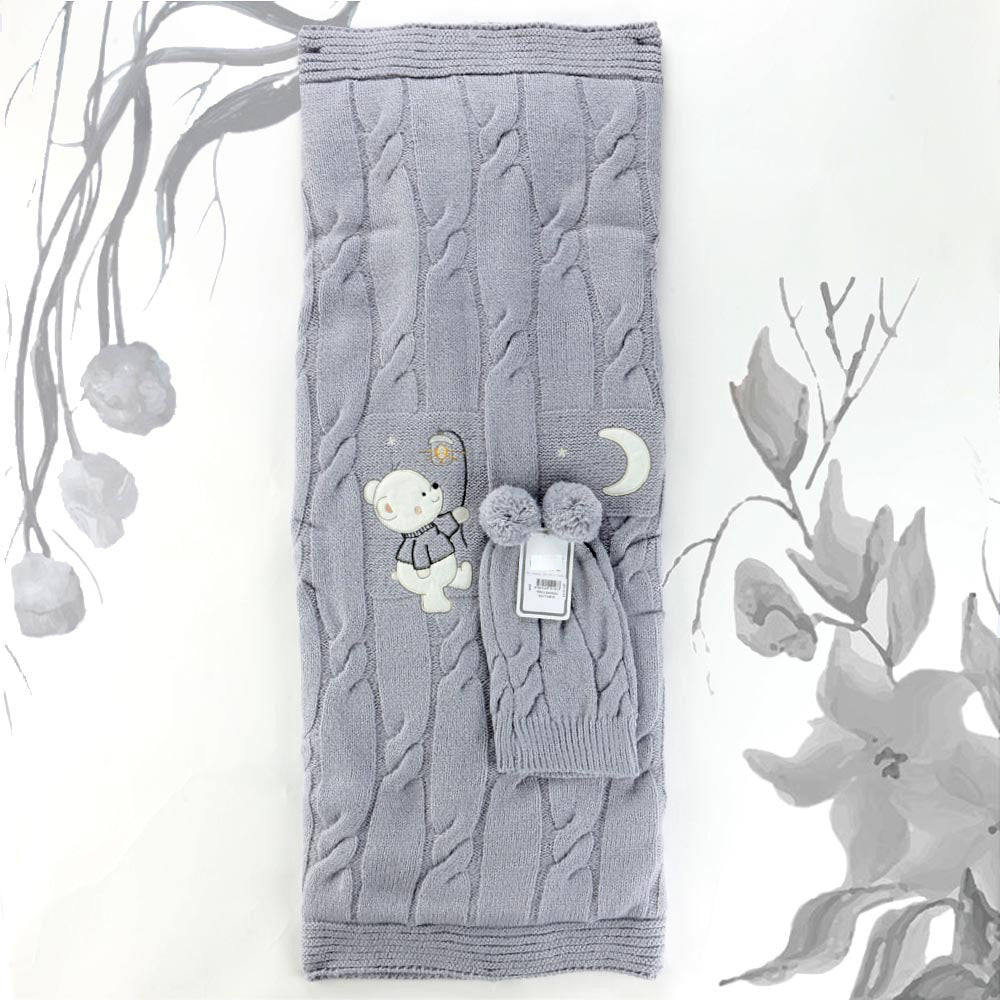 Sweet Bear Themed Baby Blanket & Baby Knit Hat Grey - 001.4147