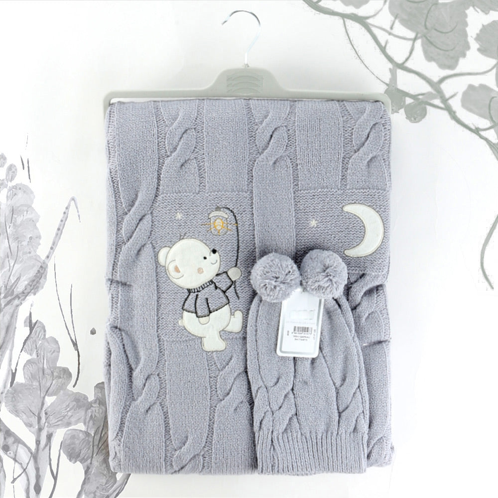 Sweet Bear Themed Baby Blanket & Baby Knit Hat Grey - 001.4147