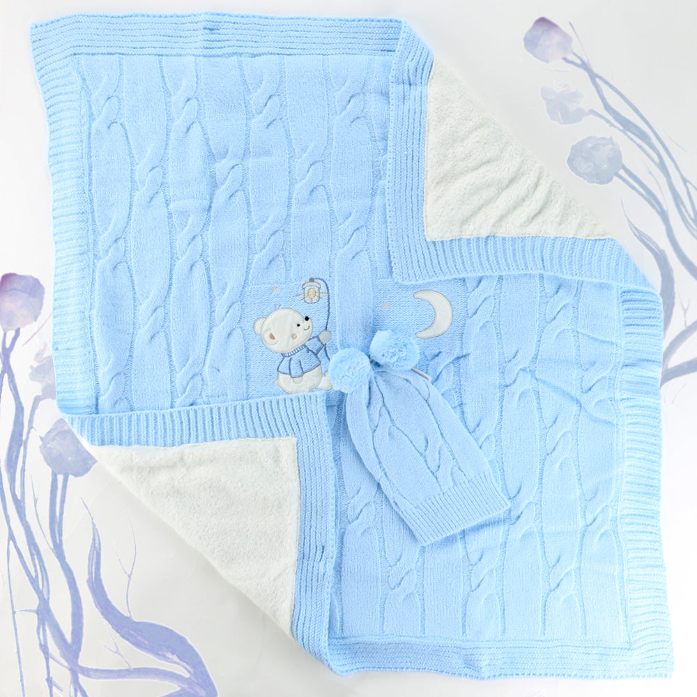 Sweet Bear Themed Baby Blanket & Baby Knit Hat Blue - 001.4147