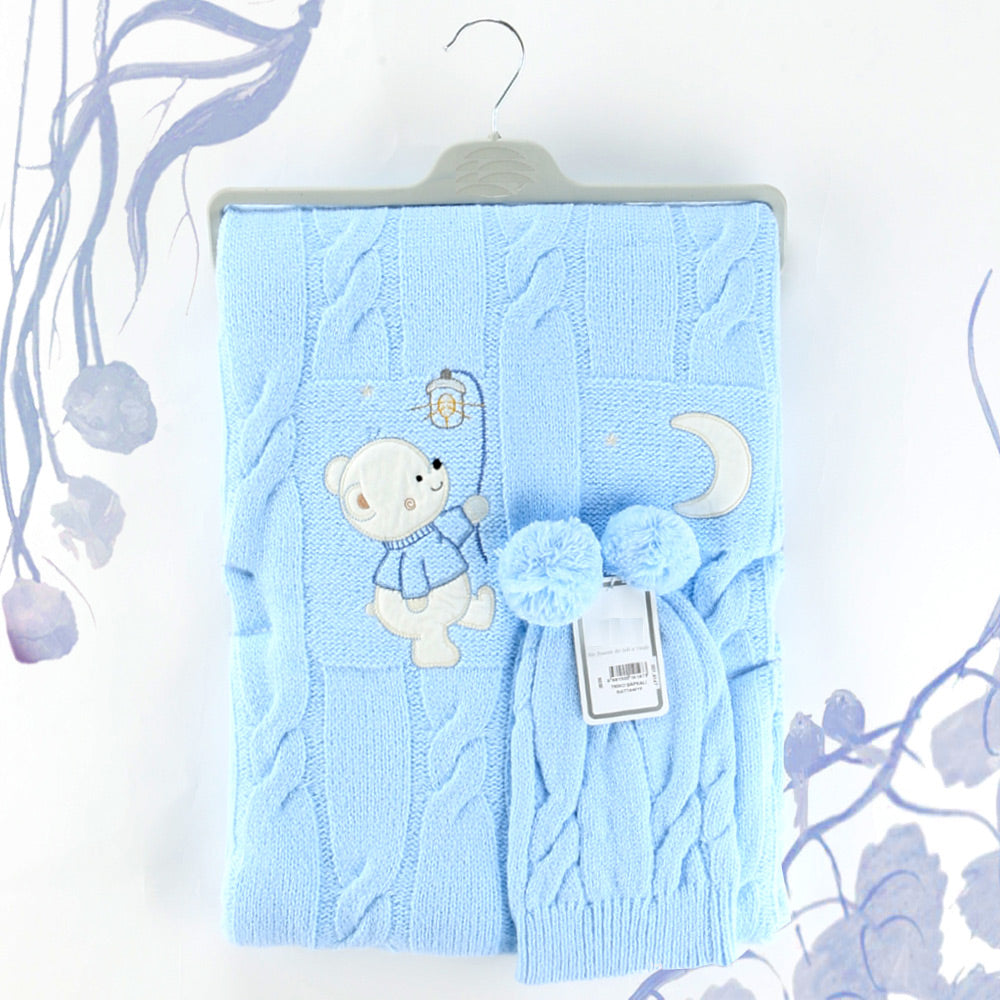 Sweet Bear Themed Baby Blanket & Baby Knit Hat Blue - 001.4147