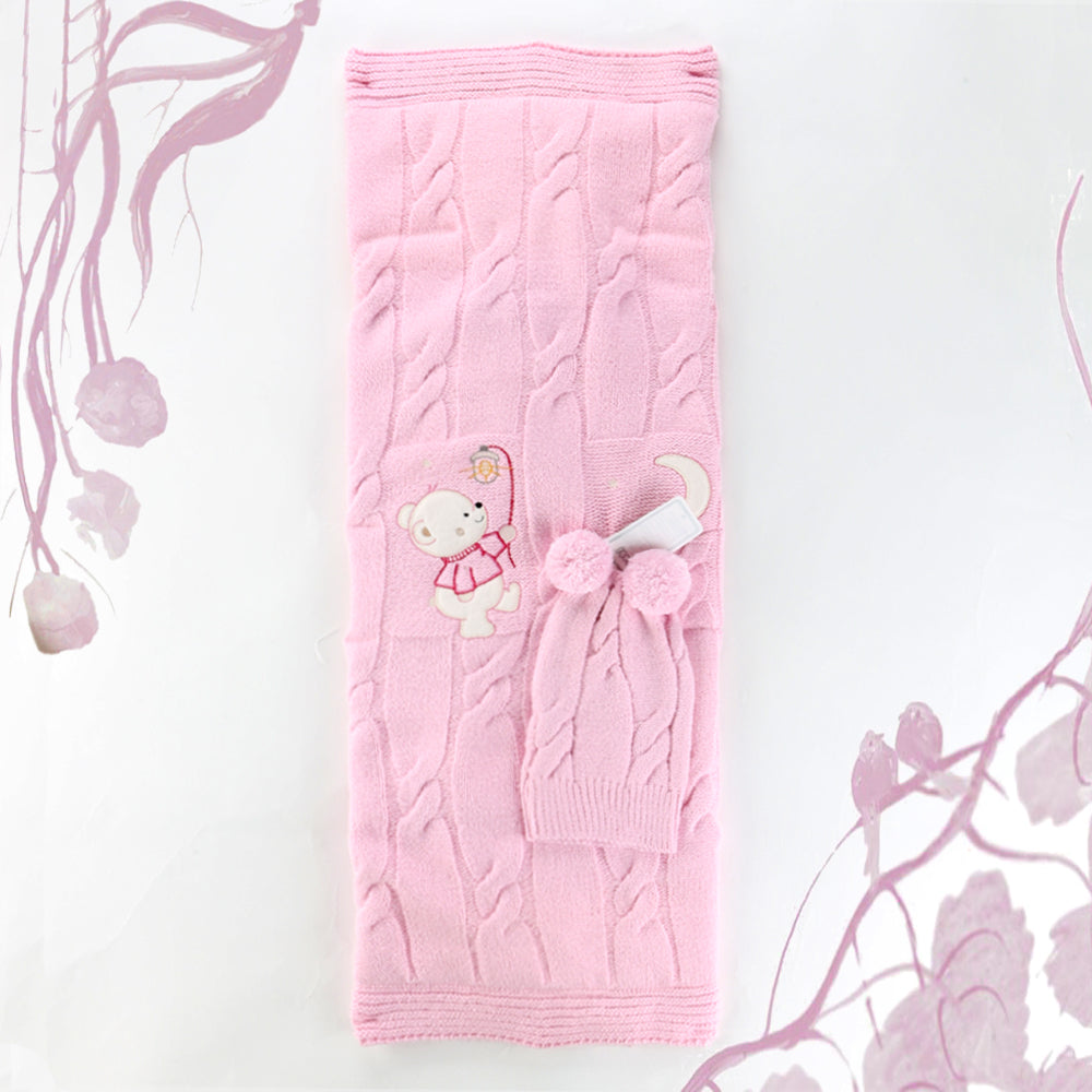 Sweet Bear Themed Baby Blanket & Baby Knit Hat Pink - 001.4147