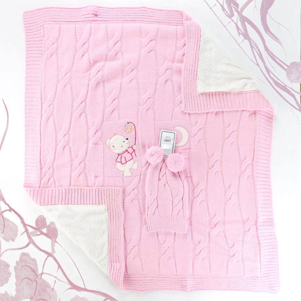 Sweet Bear Themed Baby Blanket & Baby Knit Hat Pink - 001.4147