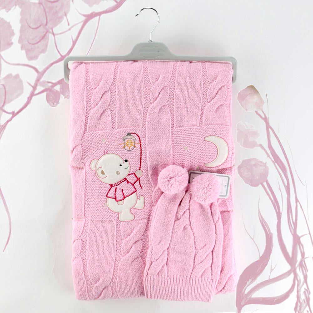 Sweet Bear Themed Baby Blanket & Baby Knit Hat Pink - 001.4147