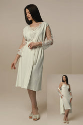 Strap Women's Nightgown With Lace Sleeve Robe Ecru - 23513
