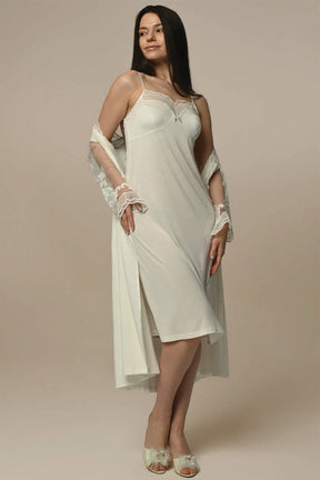 Strap Women's Nightgown With Lace Sleeve Robe Ecru - 23513