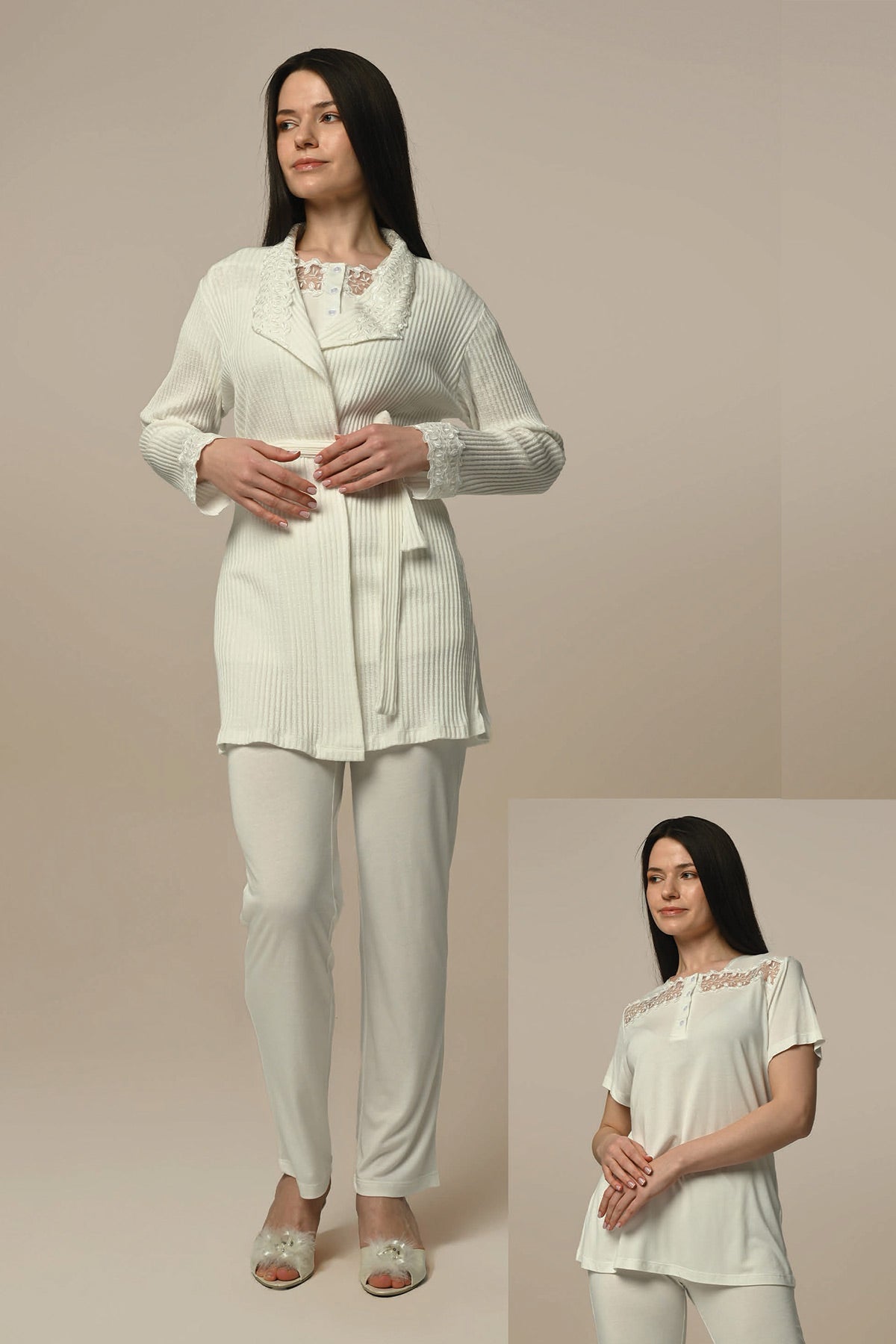 Lace Collar 3-Pieces Maternity & Nursing Pajamas With Ribbed Robe Ecru - 24312