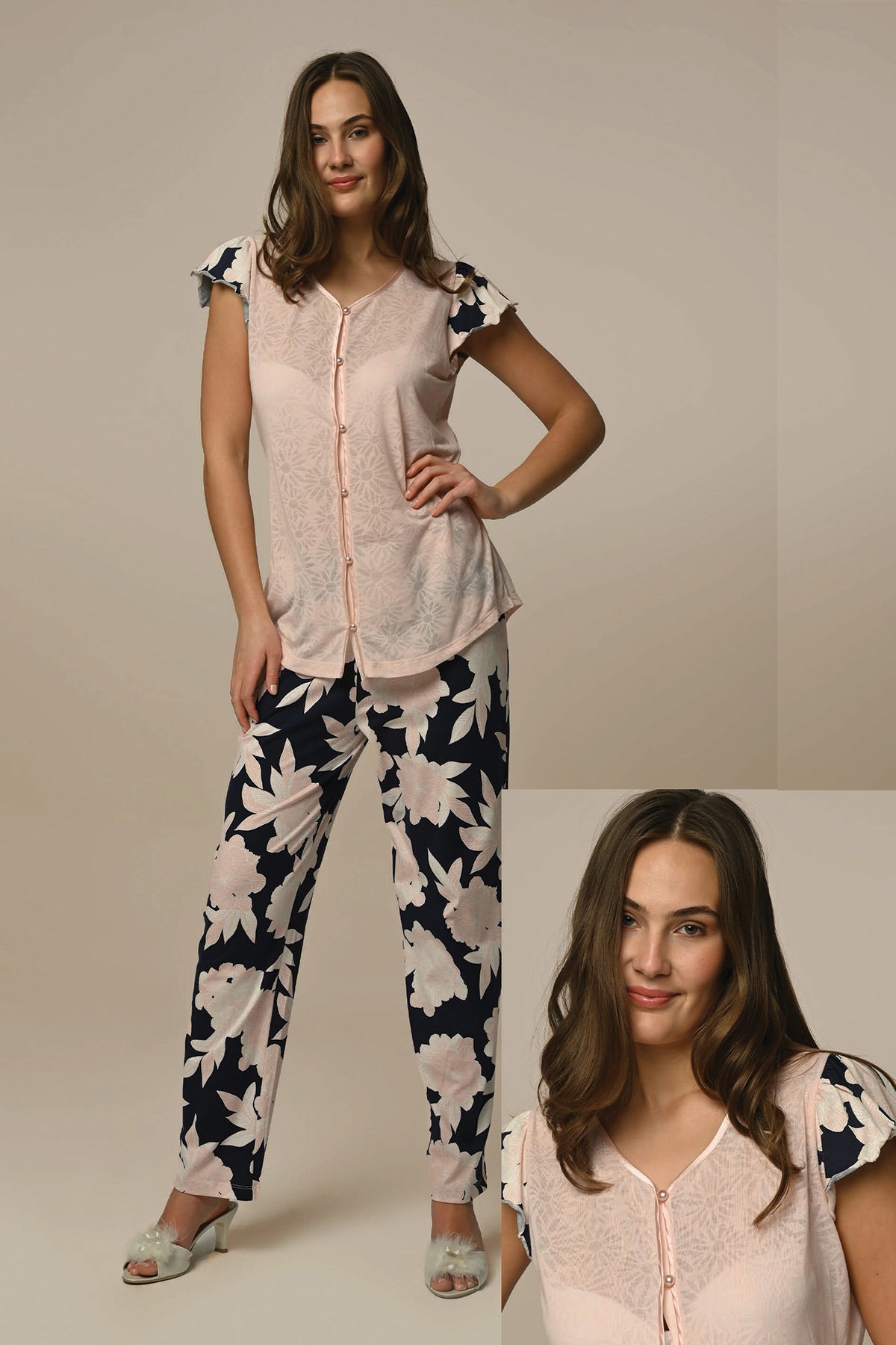 Tulle Jacquard Maternity & Nursing Pajamas Powder - 23259