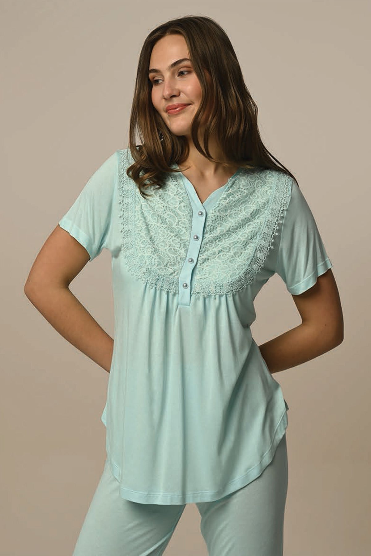 Guipure 3-Pieces Maternity & Nursing Pajamas With Melange Robe Green - 23336