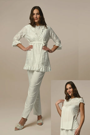 Motif Women's Pajamas With Ruffle Robe Ecru - 24331