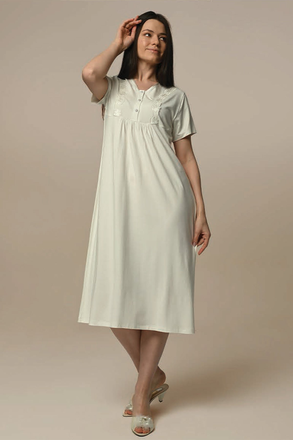Laced Edge Maternity & Nursing Nightgown With Robe Ecru - 24511