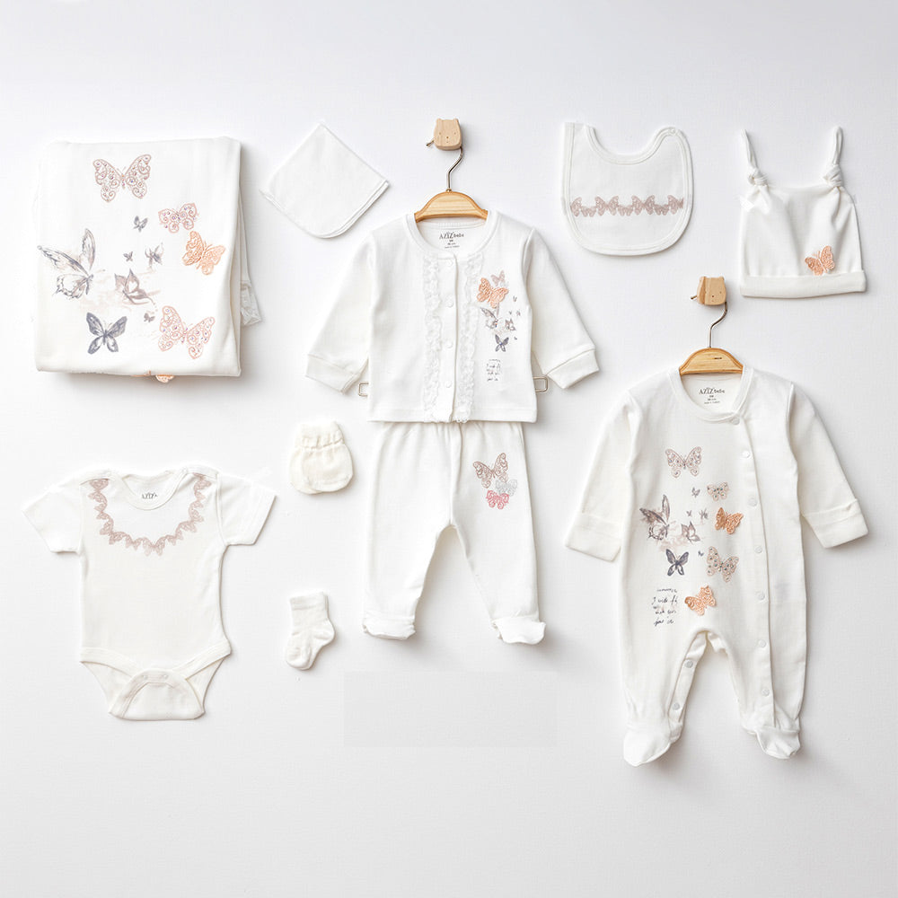 Butterfly Themed Hospital Outfit 10-Piece Set Newborn Baby Girls Ecru (0-6 Months) - 020.10307