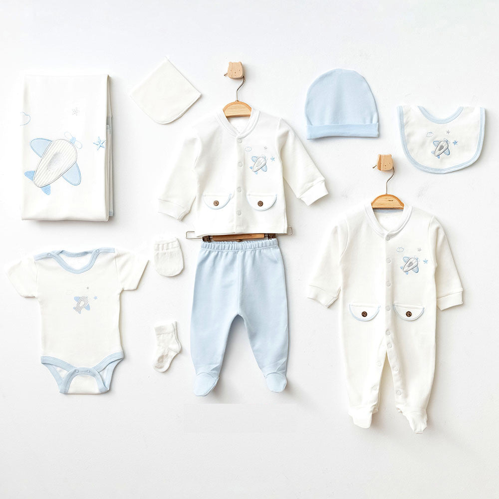 Plane Themed Hospital Outfit 10-Piece Set Newborn Baby Boys Ecru (0-6 Months) - 020.10316