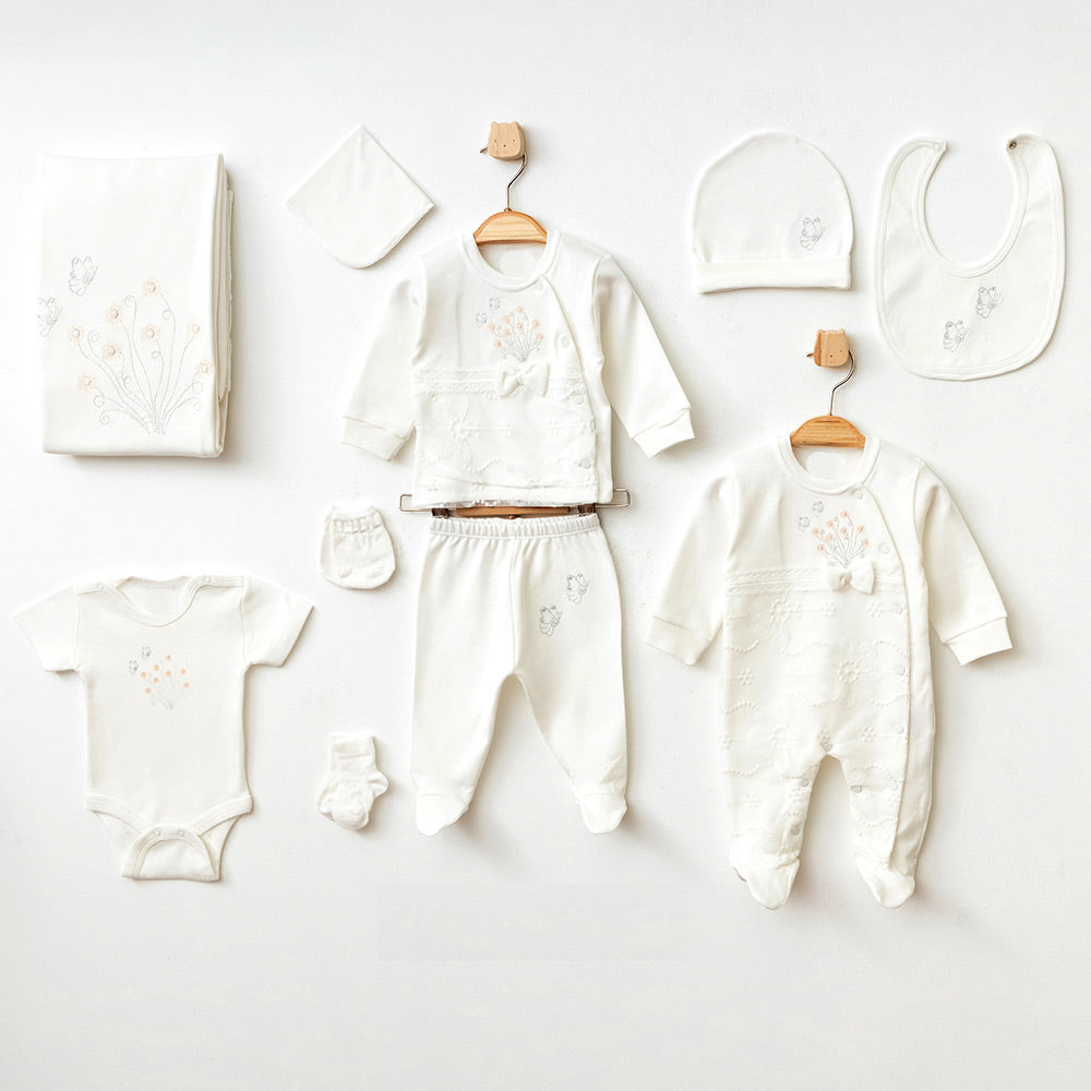 Butterfly Themed Hospital Outfit 10-Piece Set Newborn Baby Girls Ecru (0-6 Months) - 020.10317