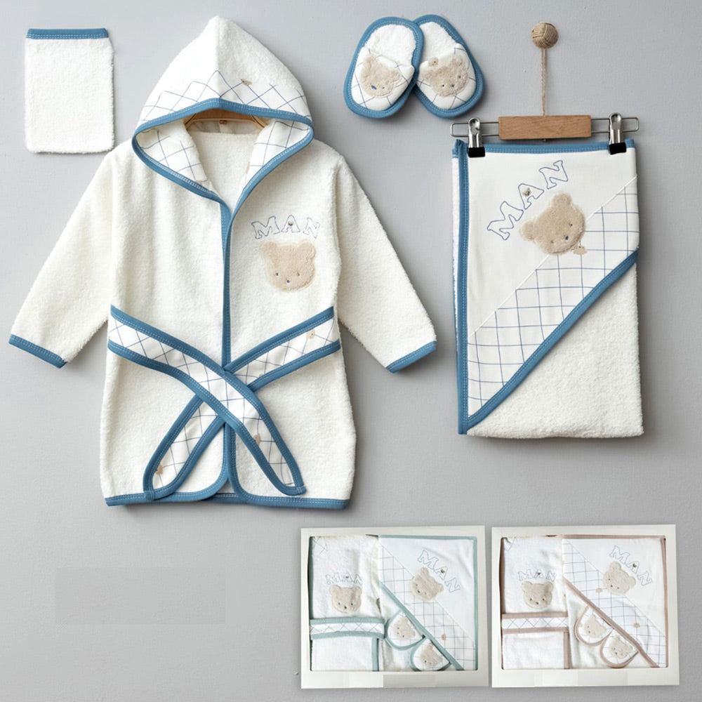 Sweet Bear Themed Baby Boy Bathrobe Set (0-24 Months) - 024.889