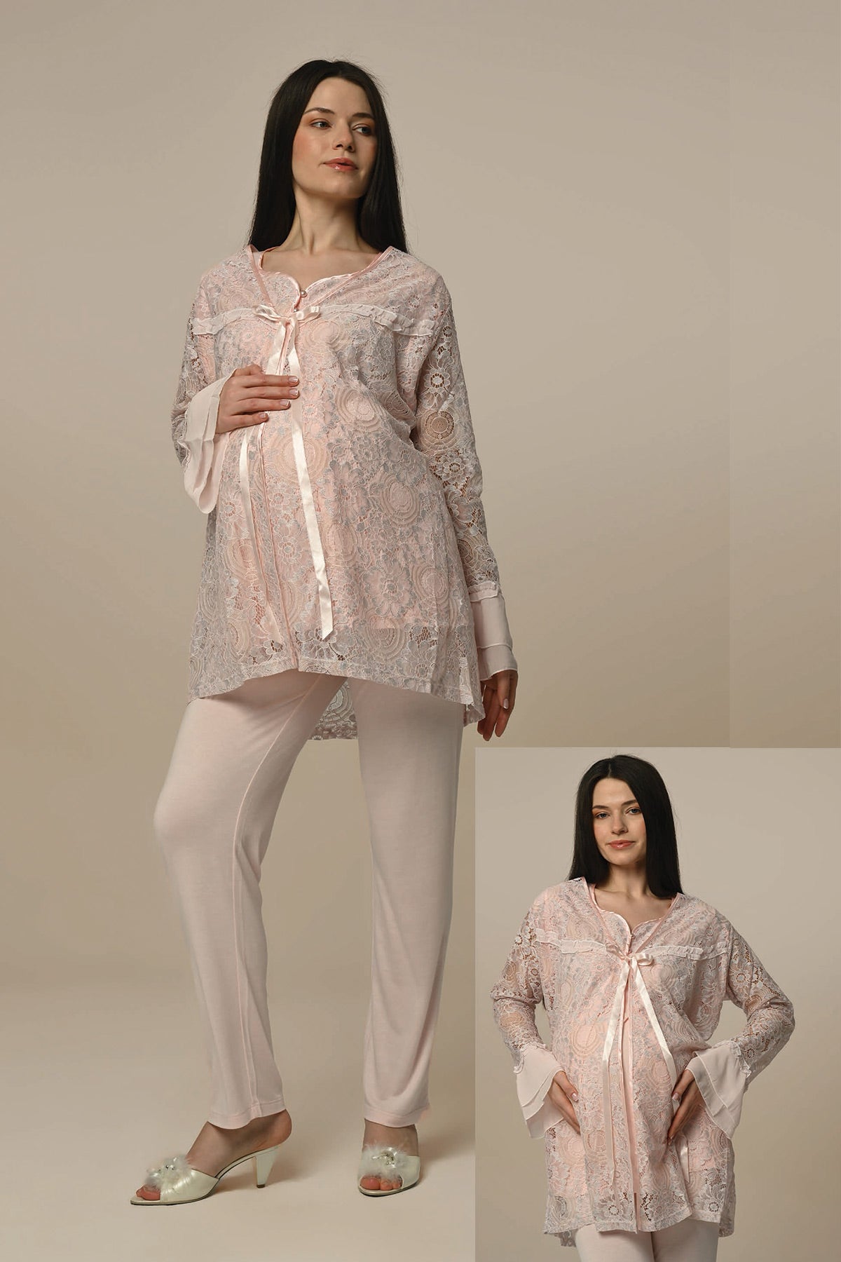 Tulle Sleeve 3-Pieces Maternity & Nursing Pajamas With Lace Robe Powder - 23341