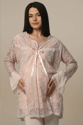 Tulle Sleeve 3-Pieces Maternity & Nursing Pajamas With Lace Robe Powder - 23341