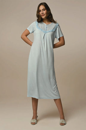 Ruffle Lace Maternity & Nursing Nightgown With Robe Blue - 23508