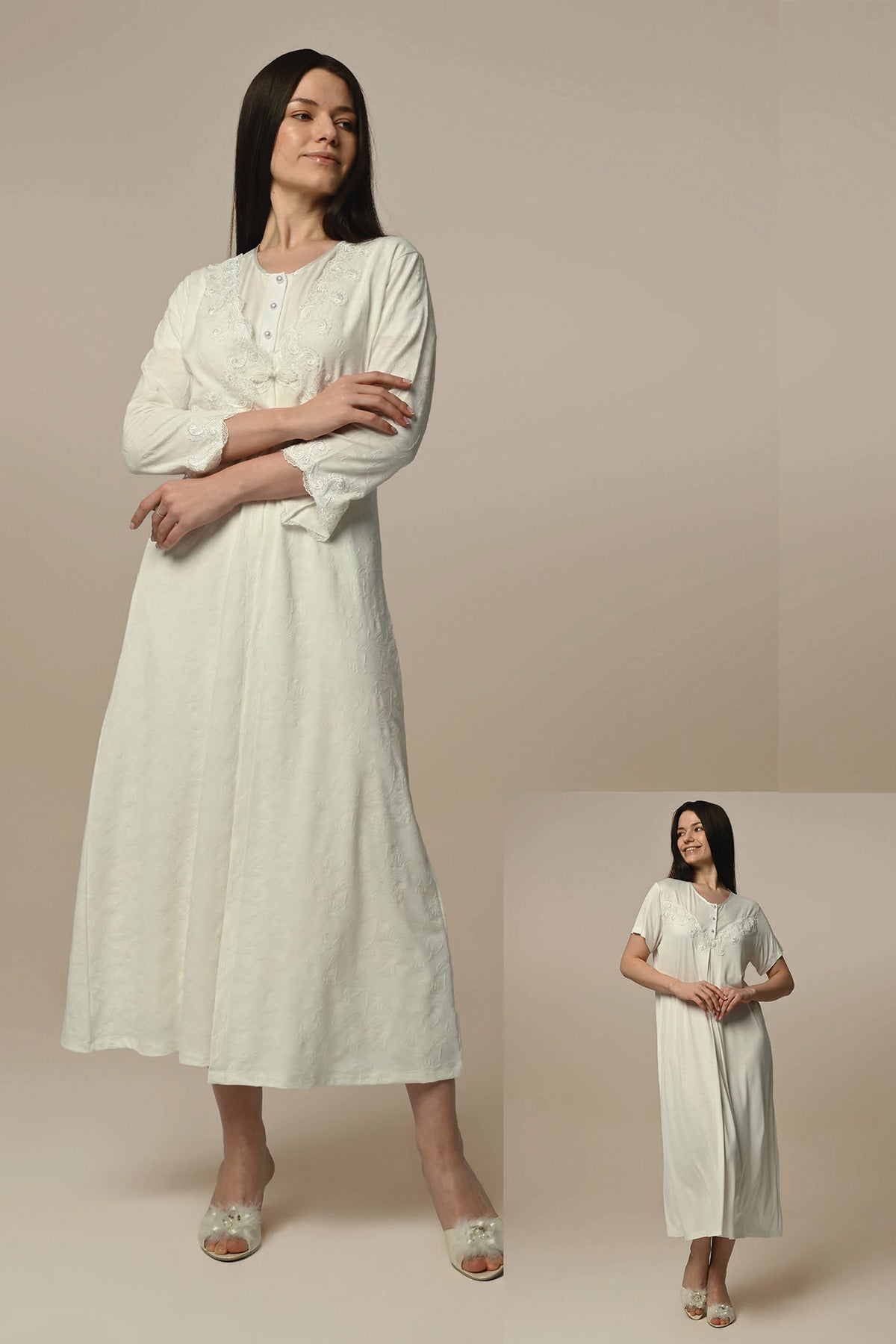 Lace Collar Maternity & Nursing Nightgown With Jacquard Robe Ecru - 24508