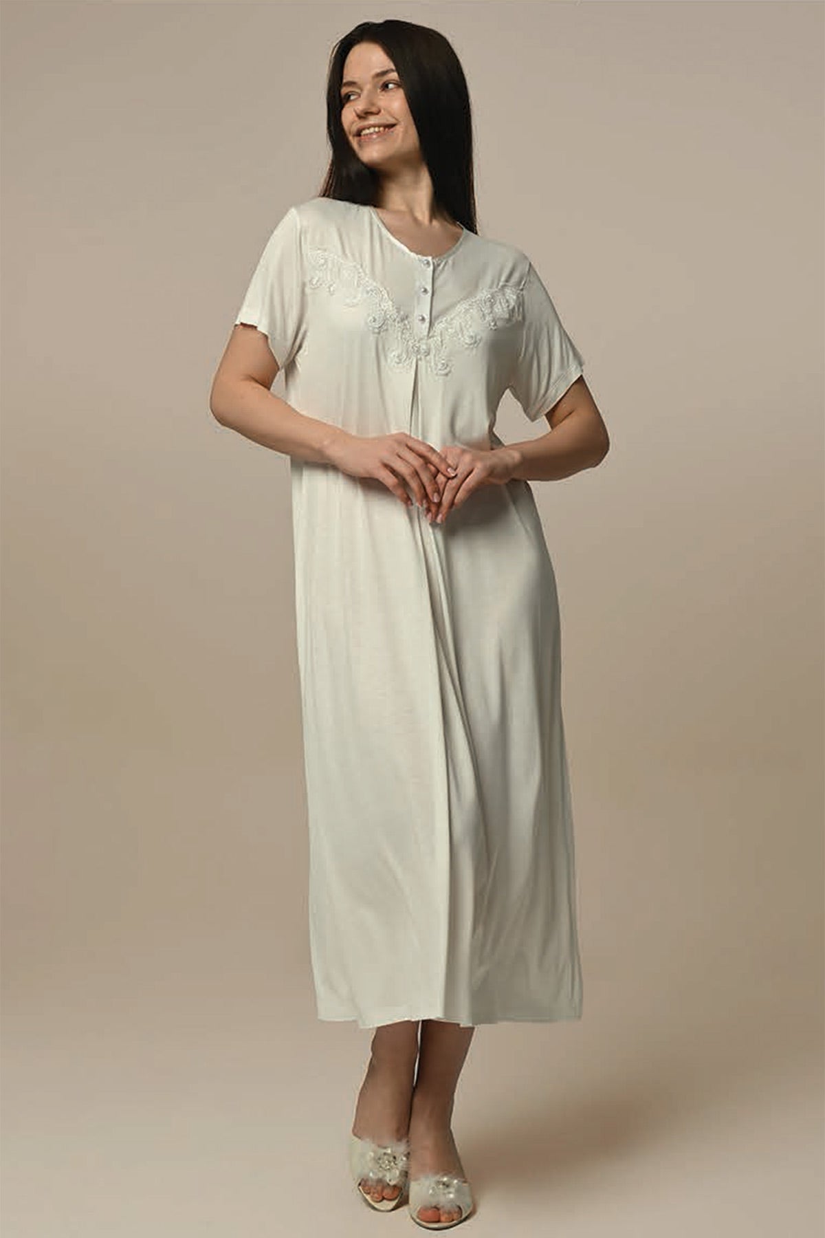 Lace Collar Maternity & Nursing Nightgown With Jacquard Robe Ecru - 24508