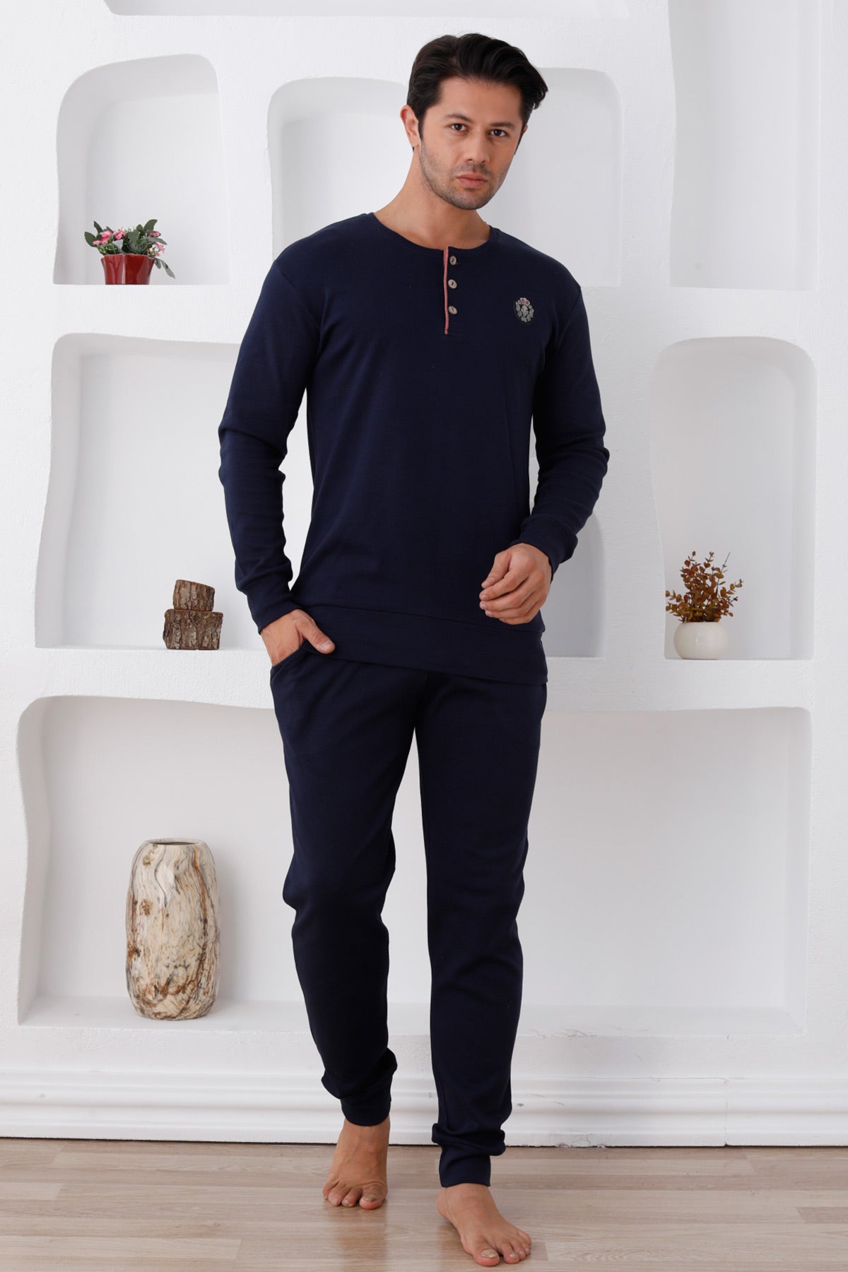 Wide Collar Men's Pajamas Navy Blue - 0300