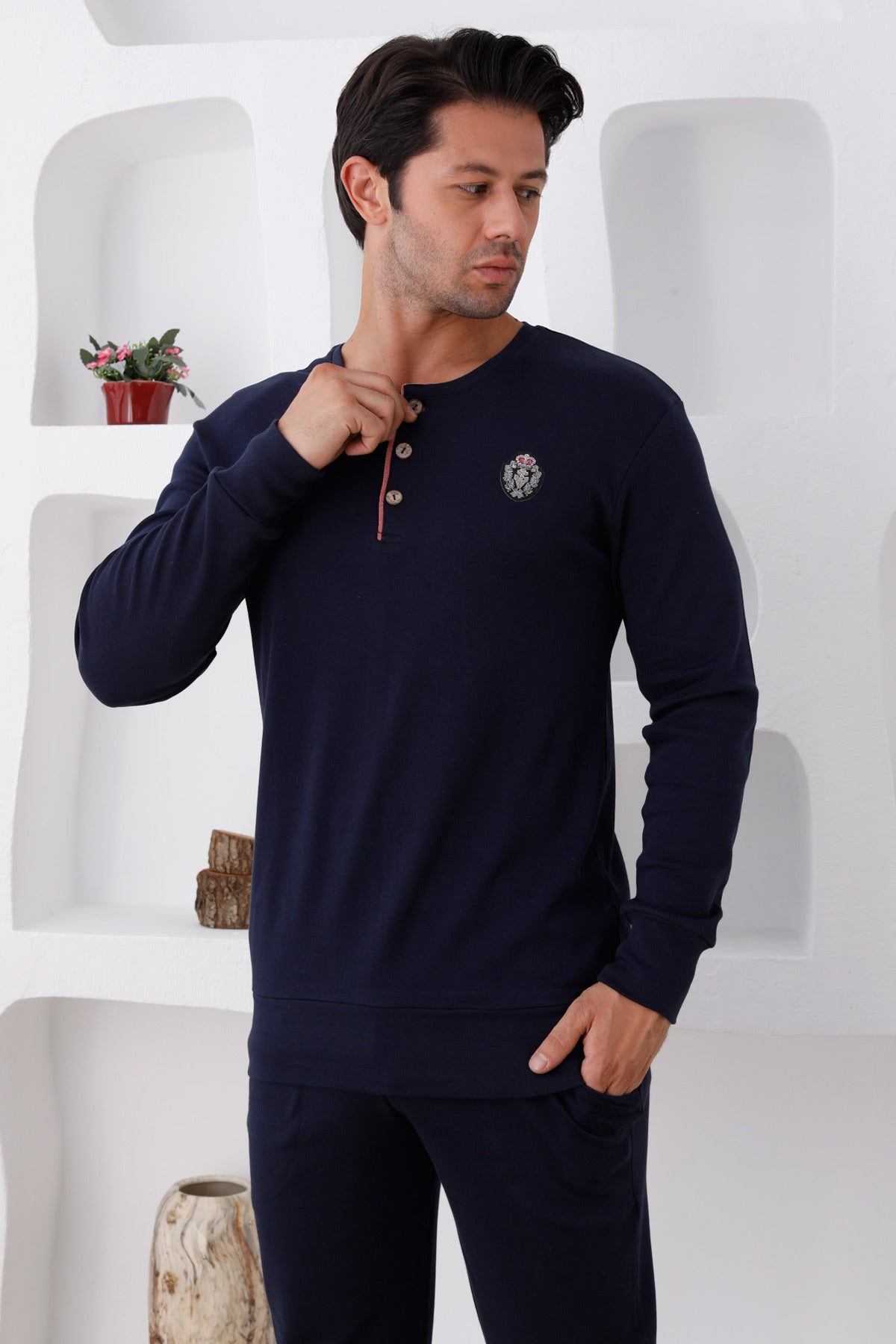 Wide Collar Men's Pajamas Navy Blue - 0300