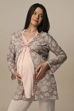 Flowery Lace 3-Pieces Maternity & Nursing Pajamas With Robe Powder - 24311