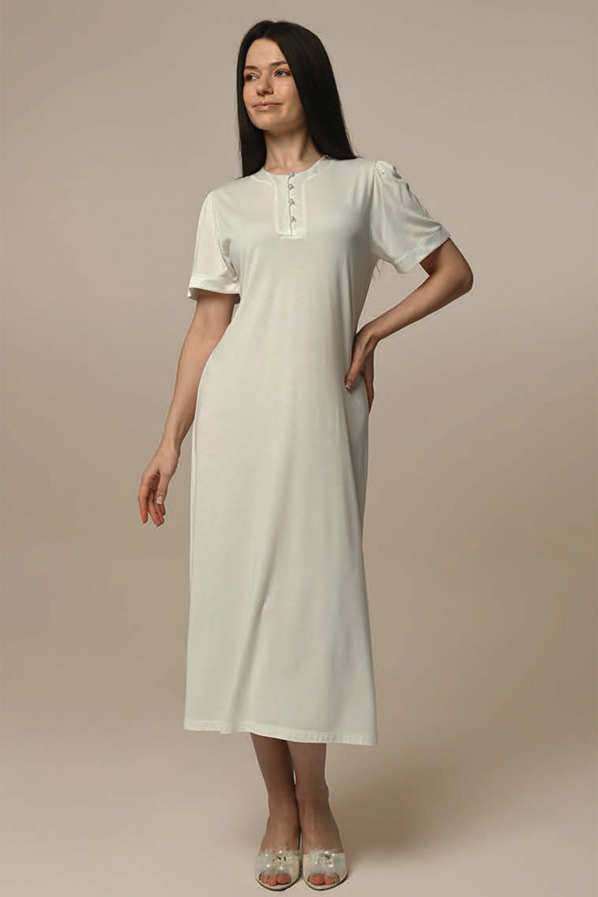 Flower Festoon Maternity & Nursing Nightgown With Robe Ecru - 24519