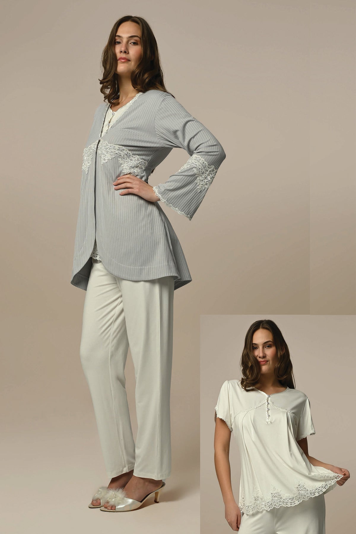 Lace Skirt 3-Pieces Maternity & Nursing Pajamas With Robe Ecru - 24315