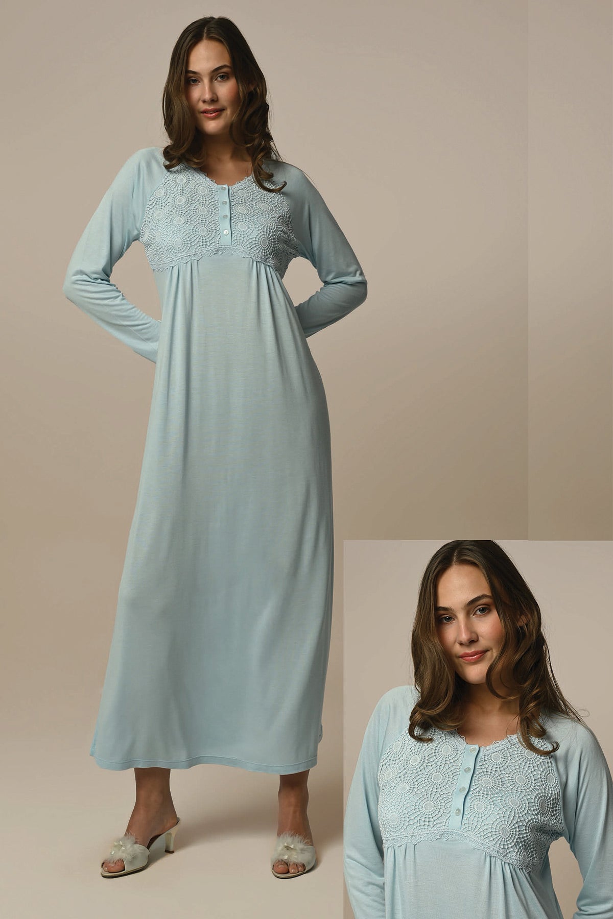 Guipure Collar Maternity & Nursing Nightgown Green - 24402