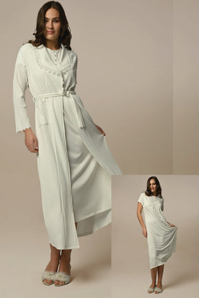 Flower Lace Collar Maternity & Nursing Nightgown With Ribbed Robe Ecru - 24504