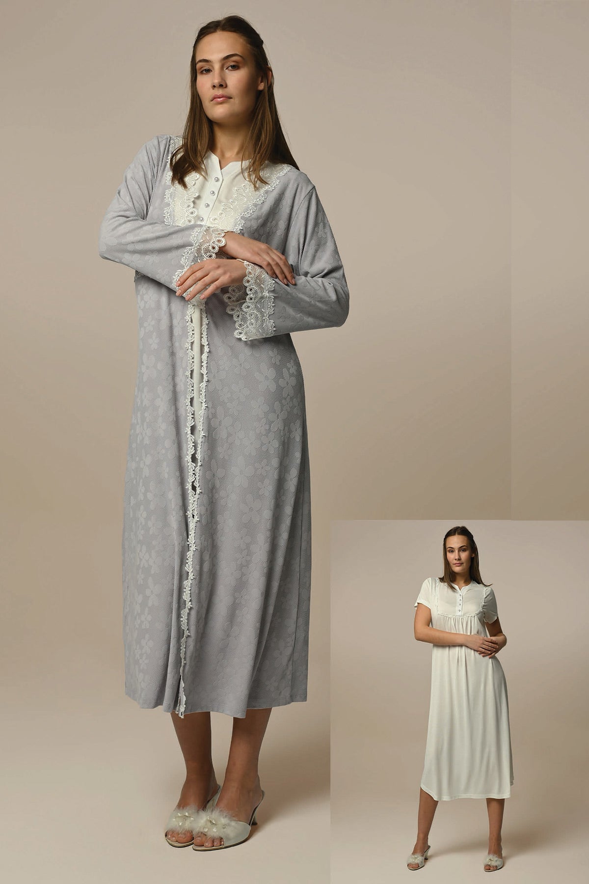Lace Sleeve Maternity & Nursing Nightgown With Jacquard Robe Ecru - 24514