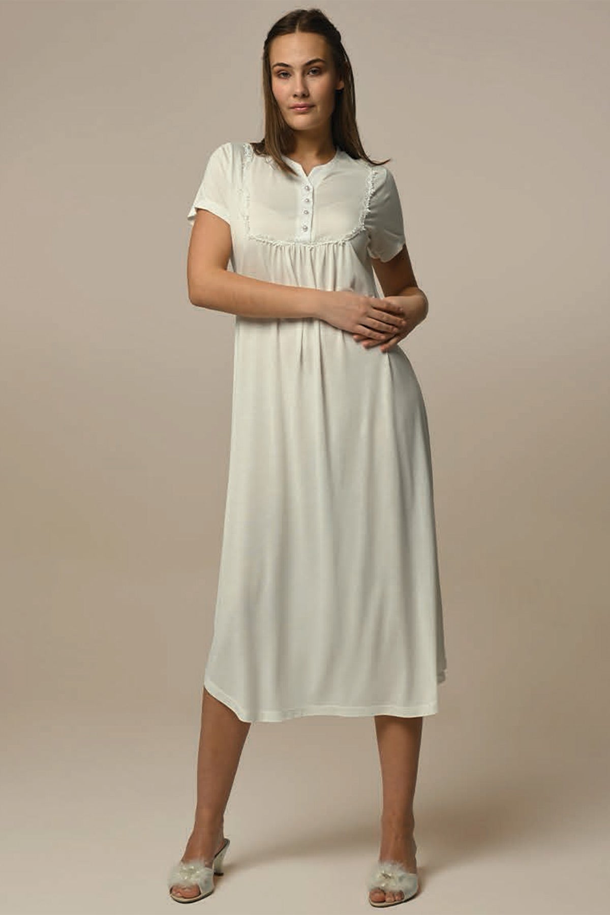 Lace Sleeve Maternity & Nursing Nightgown With Jacquard Robe Ecru - 24514