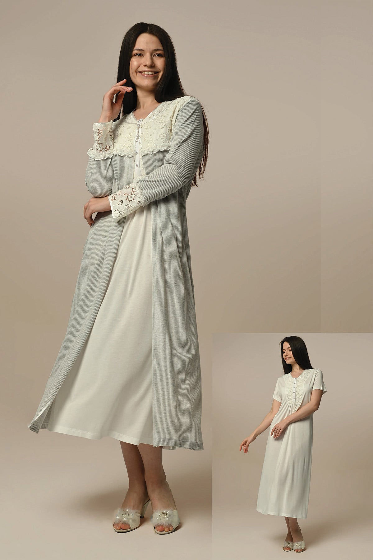 Lace Collar Maternity & Nursing Nightgown With Laced Ribbed Robe Ecru - 23509