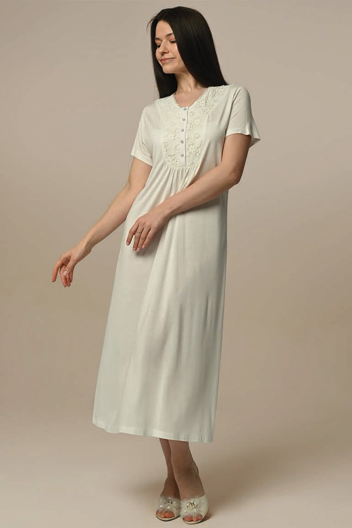 Lace Collar Maternity & Nursing Nightgown With Laced Ribbed Robe Ecru - 23509
