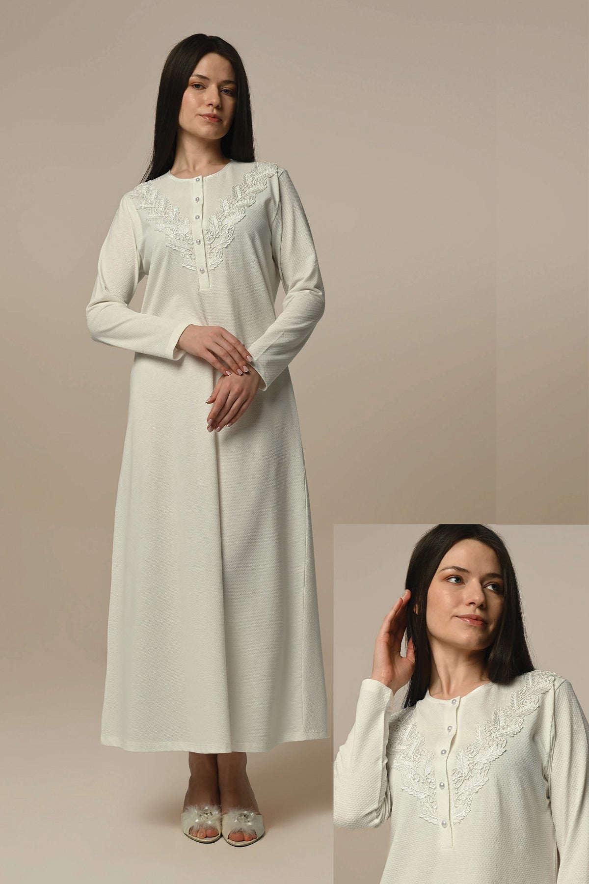Lace Collar Maternity & Nursing Nightgown Ecru - 24404