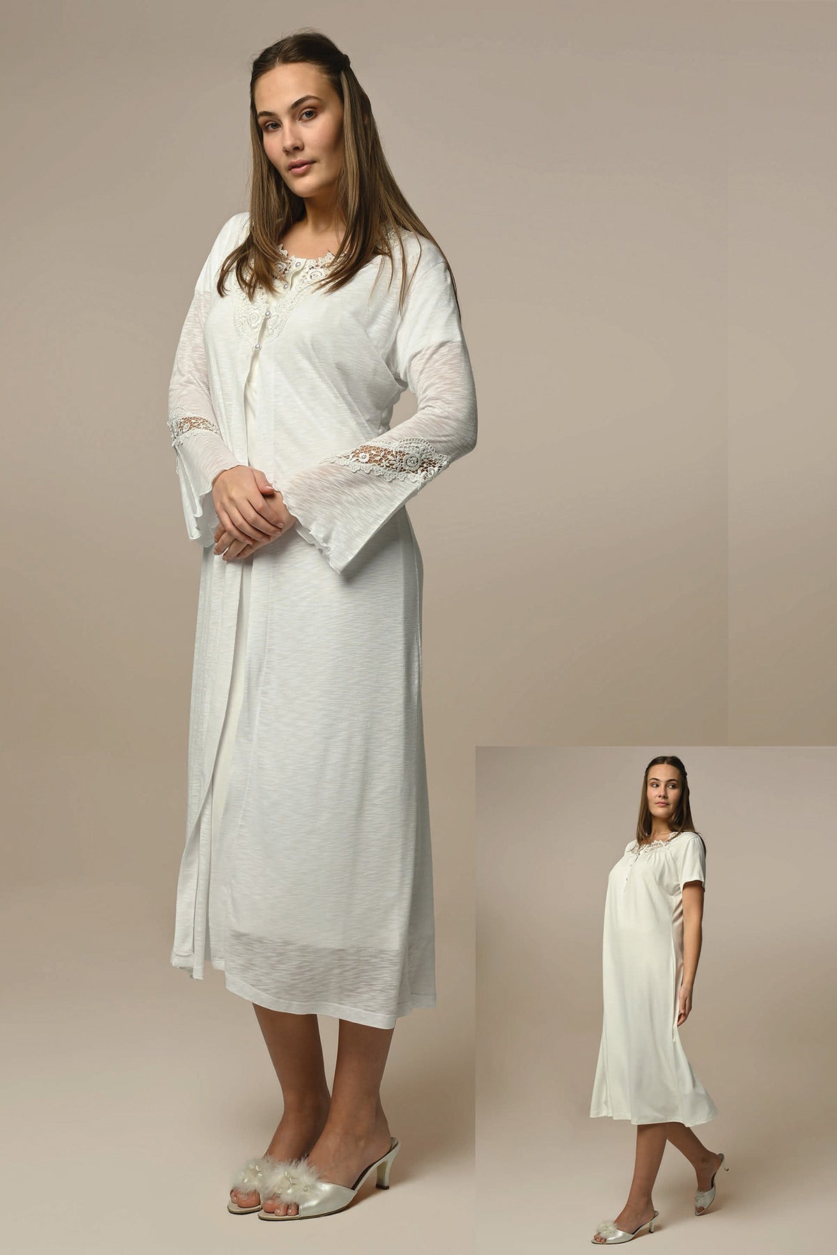 Melange Lace Maternity & Nursing Nightgown With Robe Ecru - 24510