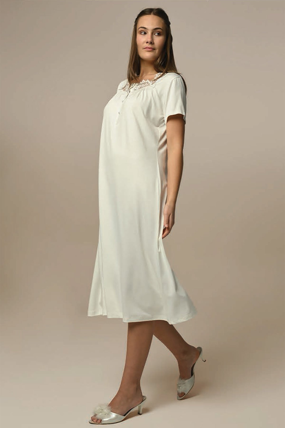 Melange Lace Maternity & Nursing Nightgown With Robe Ecru - 24510