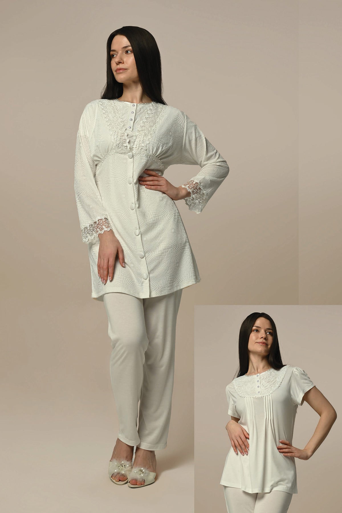 Lace Embroidered 3-Pieces Maternity & Nursing Pajamas With Jacquard Robe Ecru - 24306