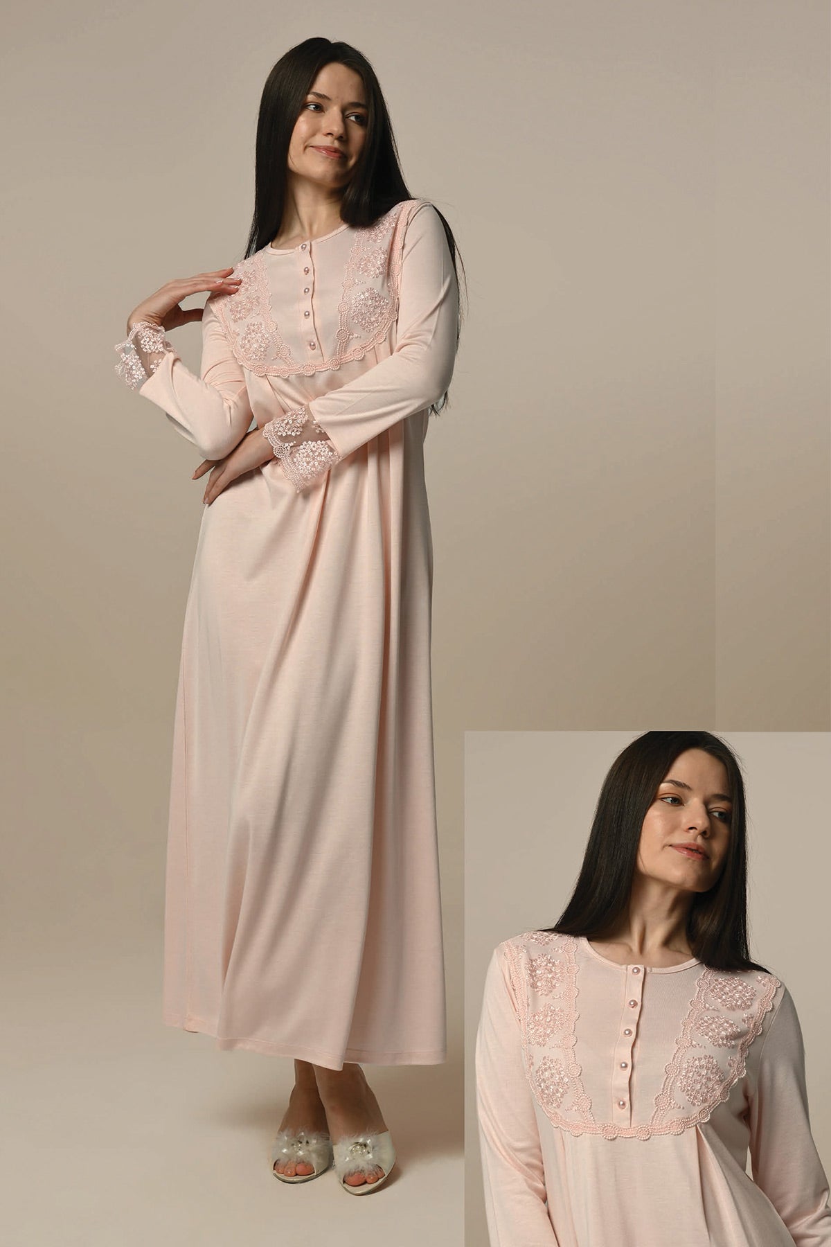Lace Embroidered Maternity & Nursing Nightgown Powder - 24403