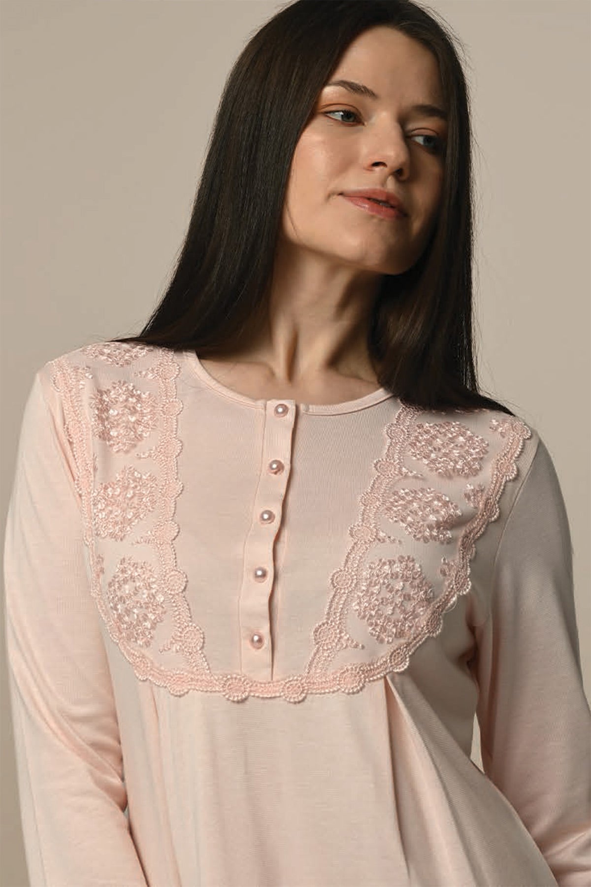 Lace Embroidered Maternity & Nursing Nightgown Powder - 24403