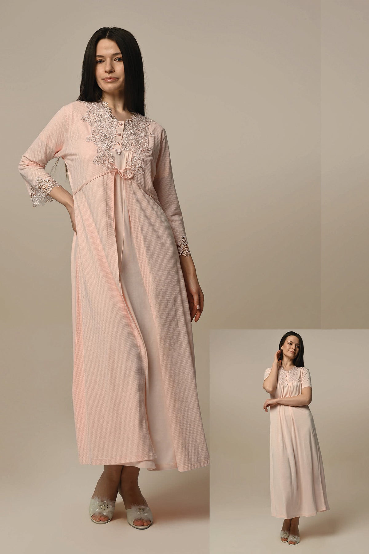 Lace Embroidered Maternity & Nursing Nightgown With Robe Powder - 24509