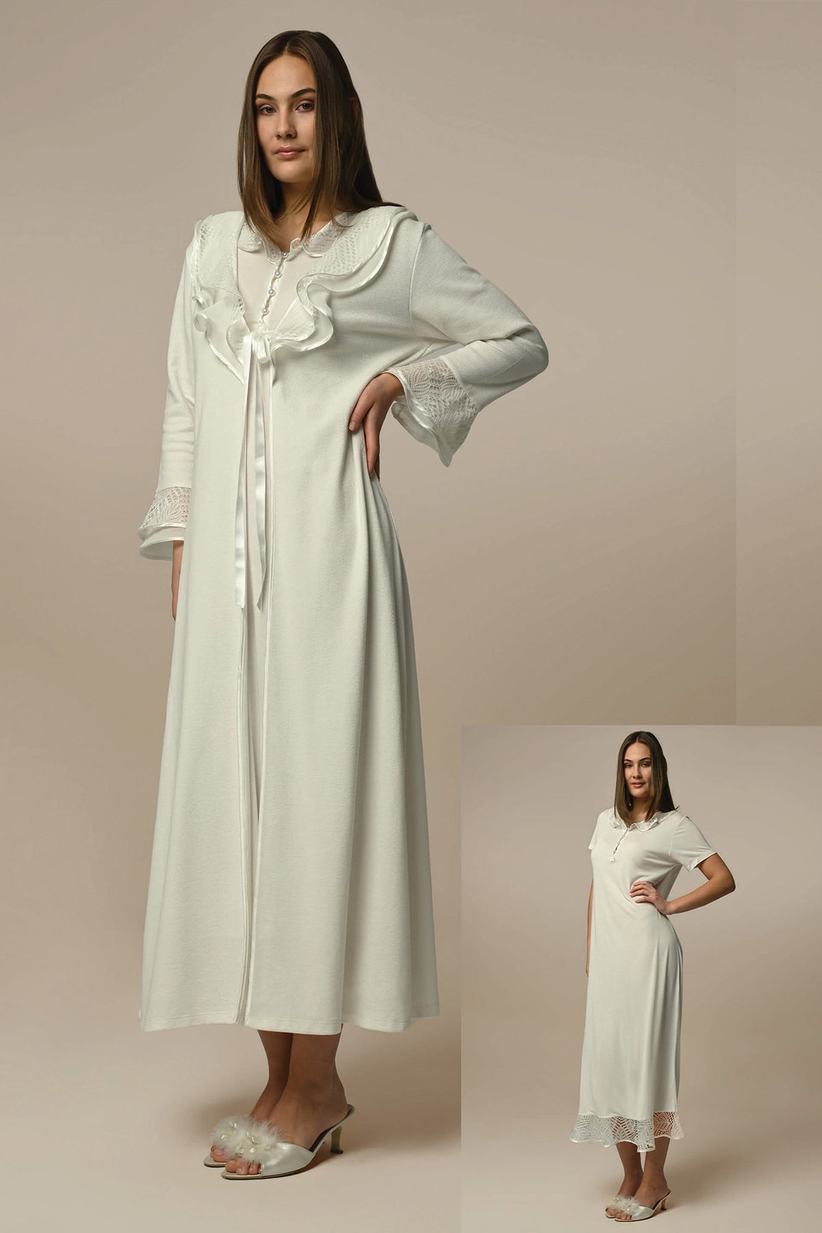 Lace Skirt Maternity & Nursing Nightgown With Robe Ecru - 24513