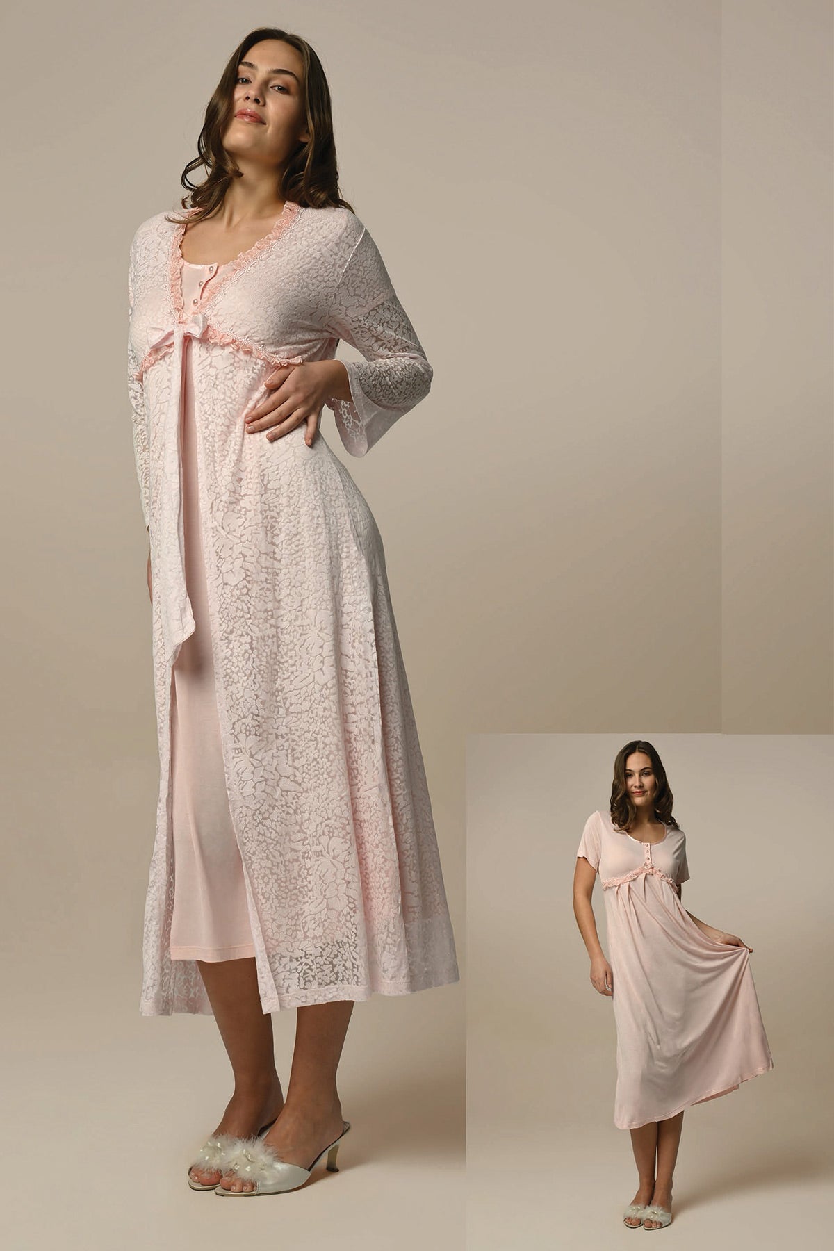 Tulle Lace Maternity & Nursing Nightgown With Robe Powder - 23506