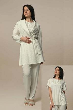 Lace Collar 3-Pieces Maternity & Nursing Pajamas With Jacquard Robe Ecru - 24313