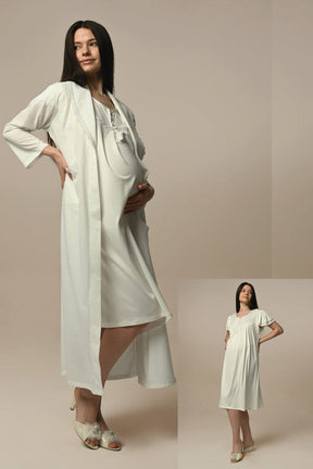 Lace Edge Maternity & Nursing Nightgown With Robe Ecru - 24503