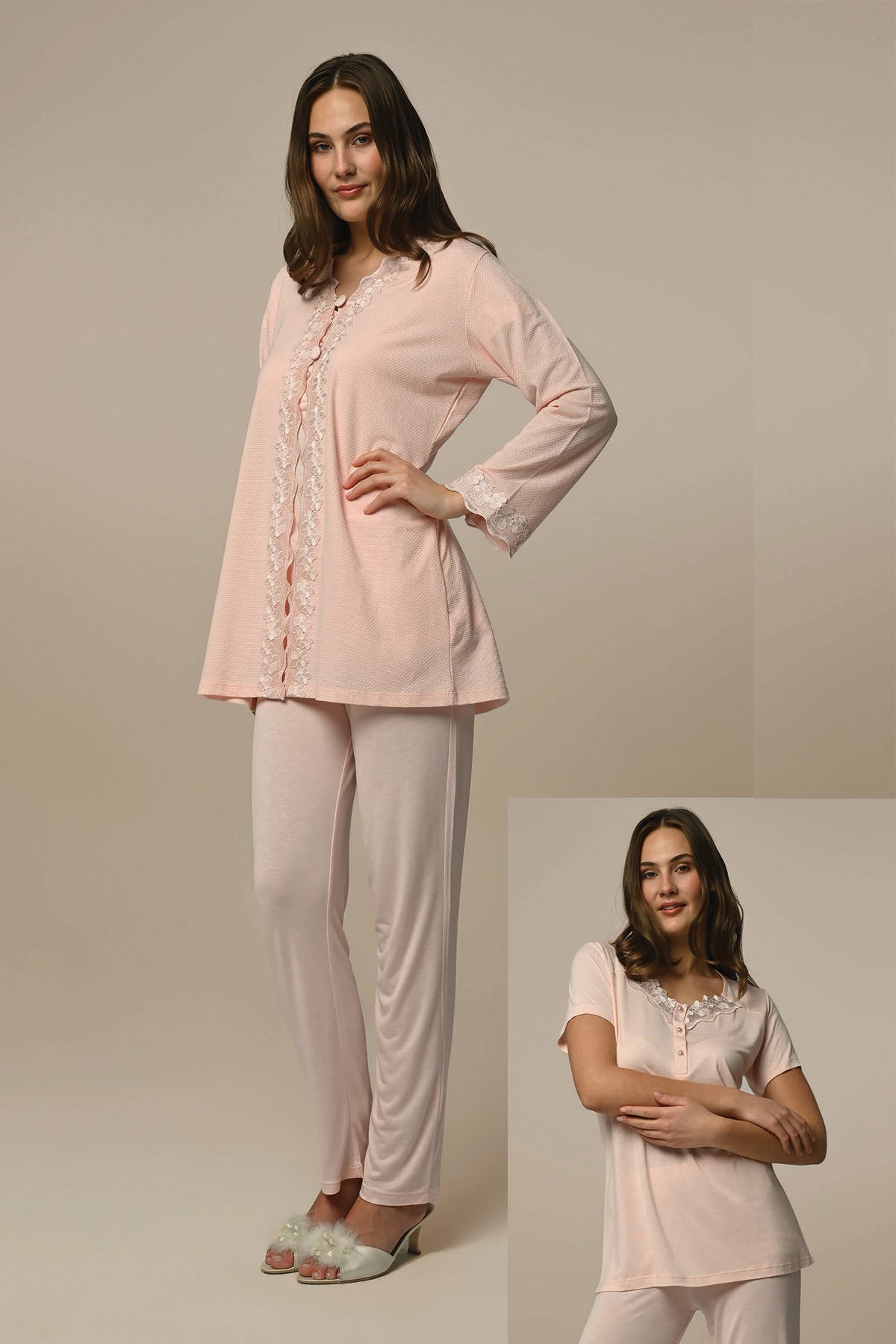 Lace Edge 3-Pieces Maternity & Nursing Pajamas With Robe Ecru - 24319