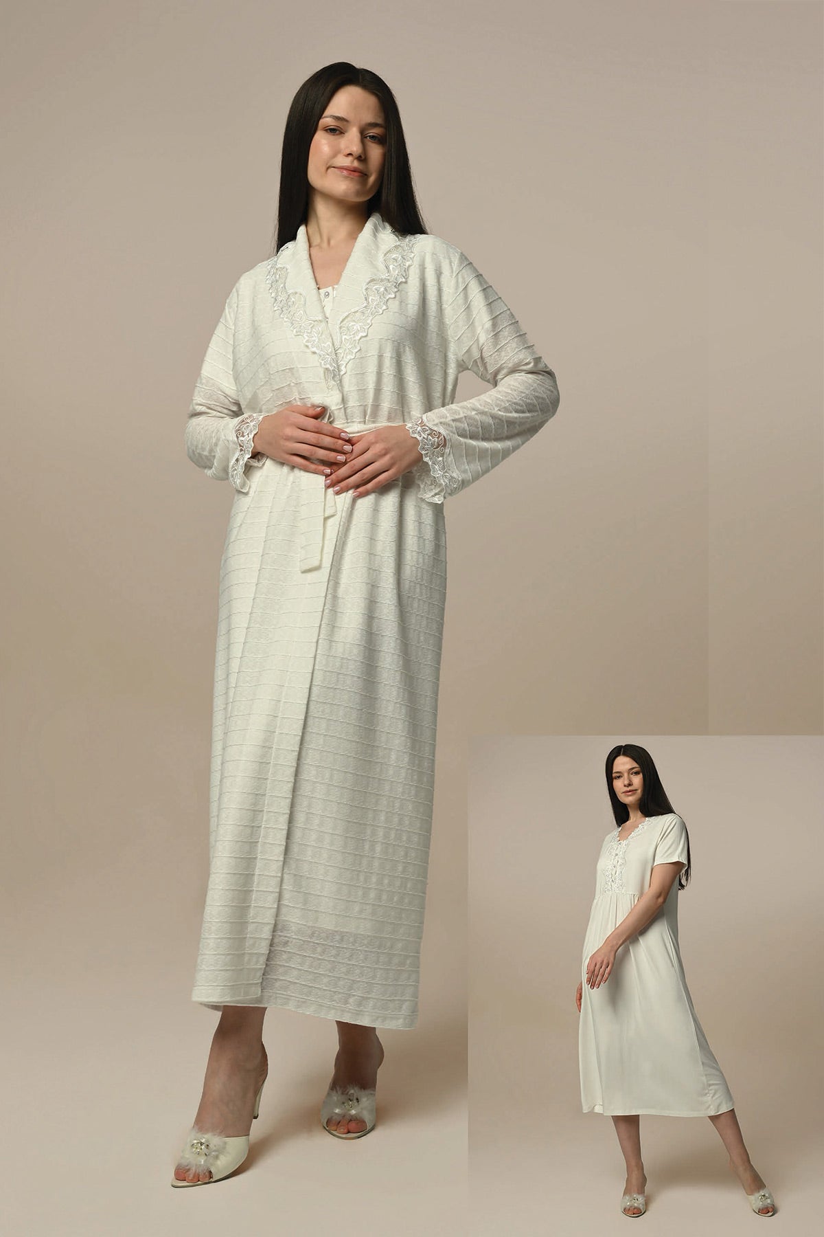 Lace Collar Maternity & Nursing Nightgown With Quilted Robe Ecru - 24502