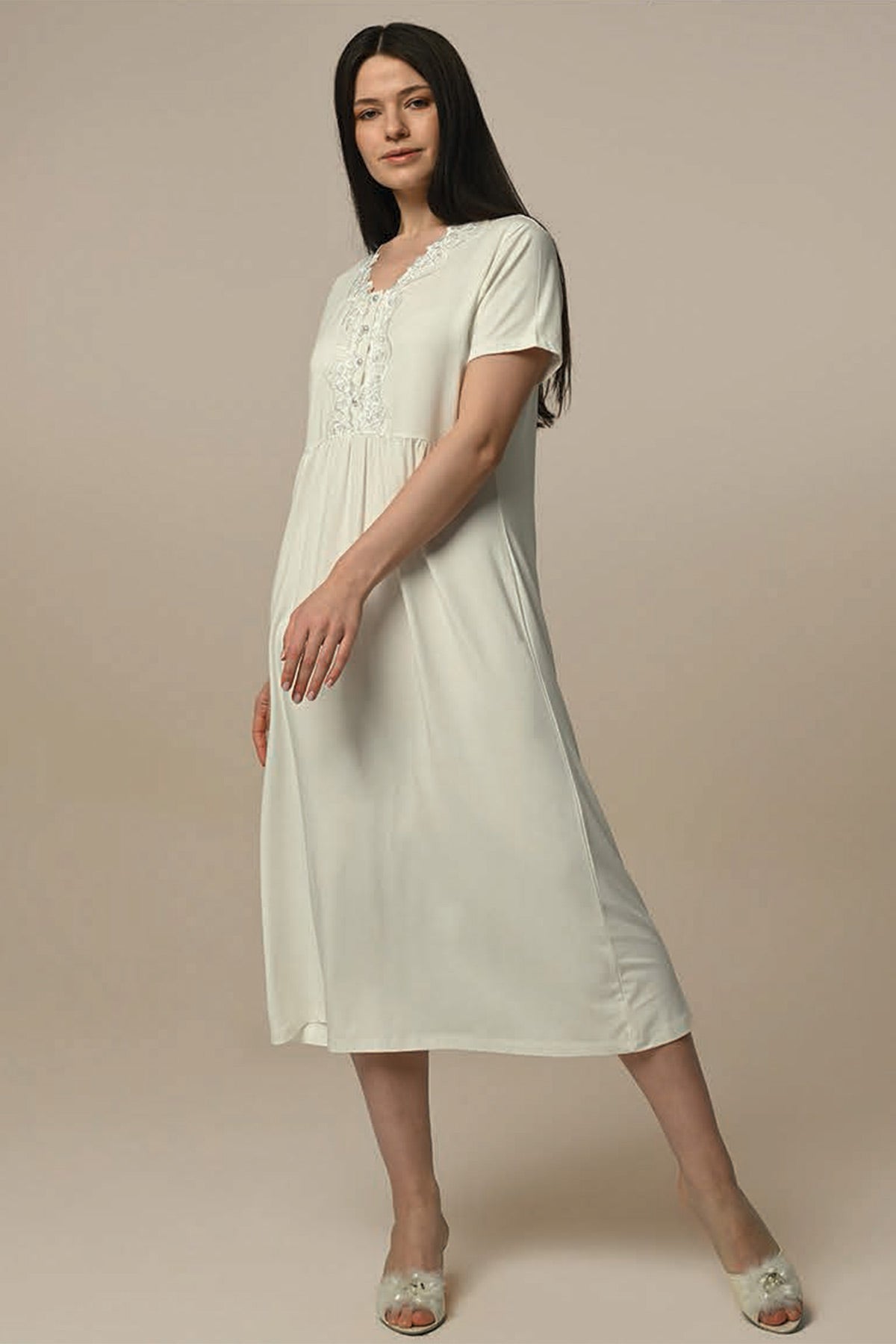 Lace Collar Maternity & Nursing Nightgown With Quilted Robe Ecru - 24502